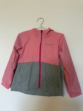 Columbia Girls Pink Gray Hooded Rain Jacket Windbreaker Size M 10/12